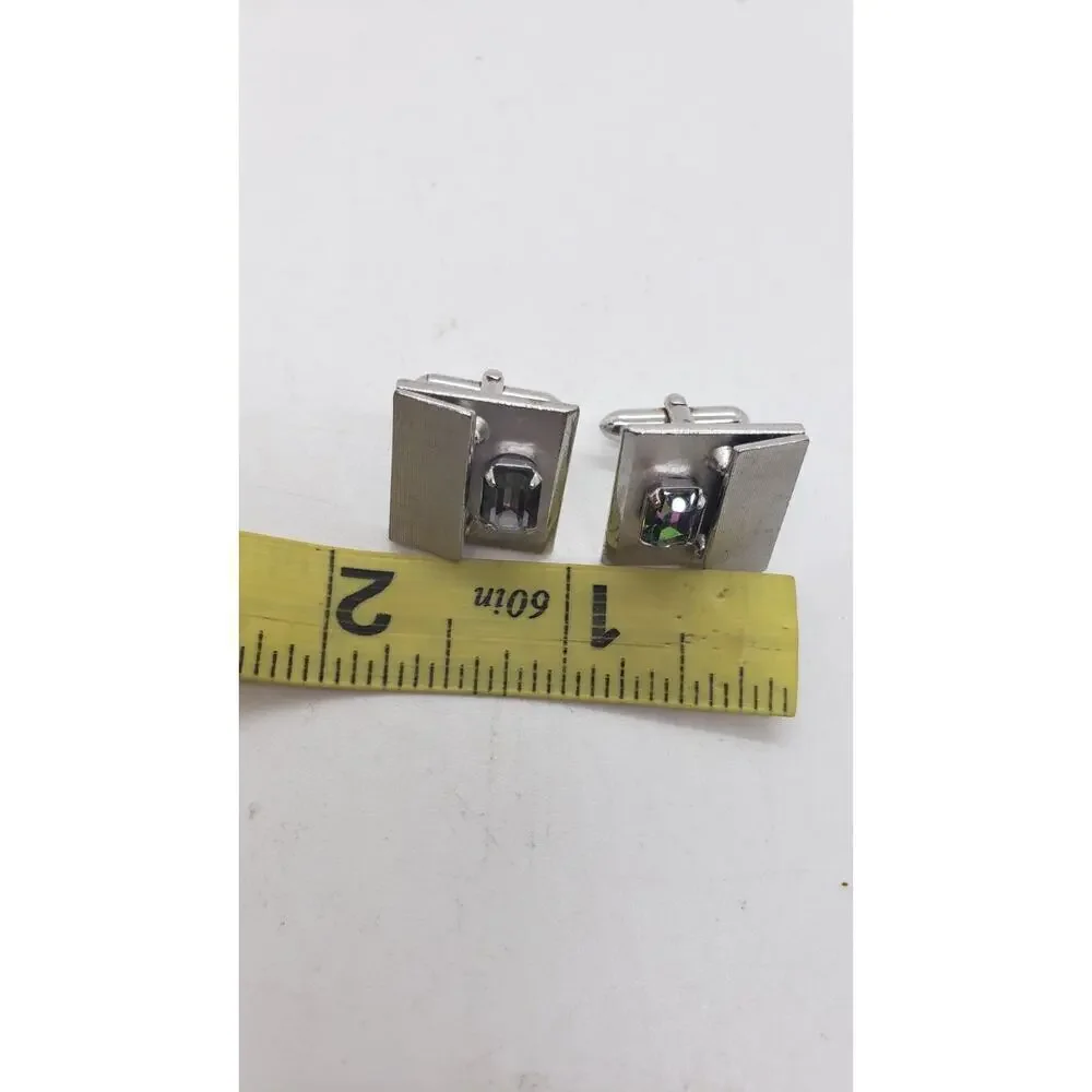 Vintage Cufflinks Swank Silver Rivoli Rainbow Rhinestone Cuff Links 1960s